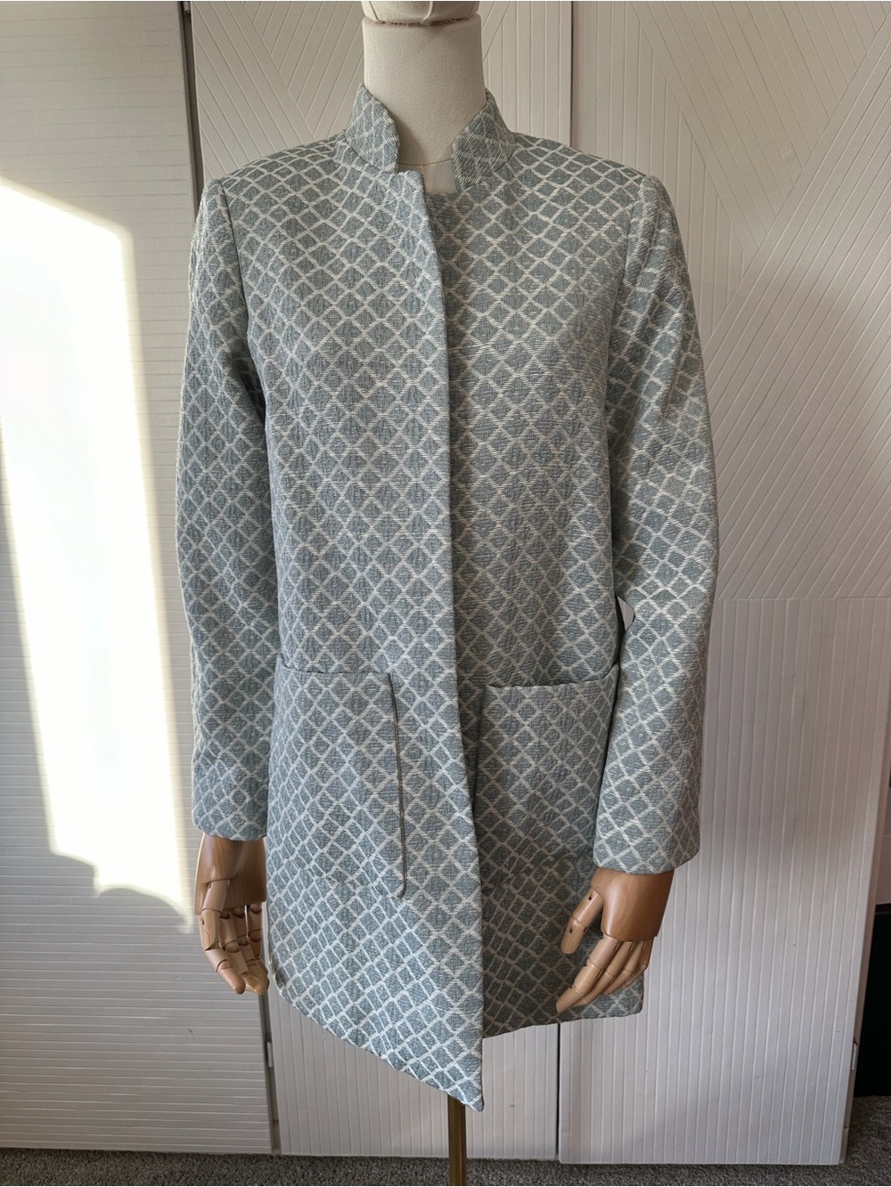 HM Light Blue Patterned Stand Collar Blazer Coat Jacket Workwear Pastel Medium
